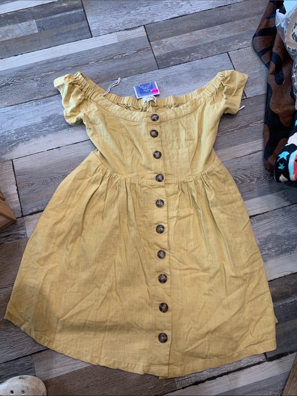 #164 Off-the-Shoulder Button-Front Mini Dress in Mustard Yellow